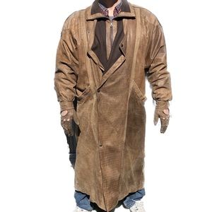 *VINTAGE * 1990s Brown leather long coat with matching gloves